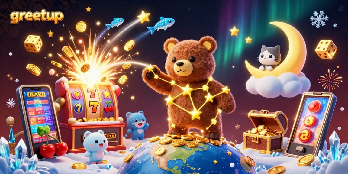 Engage with greetup's exciting gaming experience as golden coins rain down from a cosmic bear.