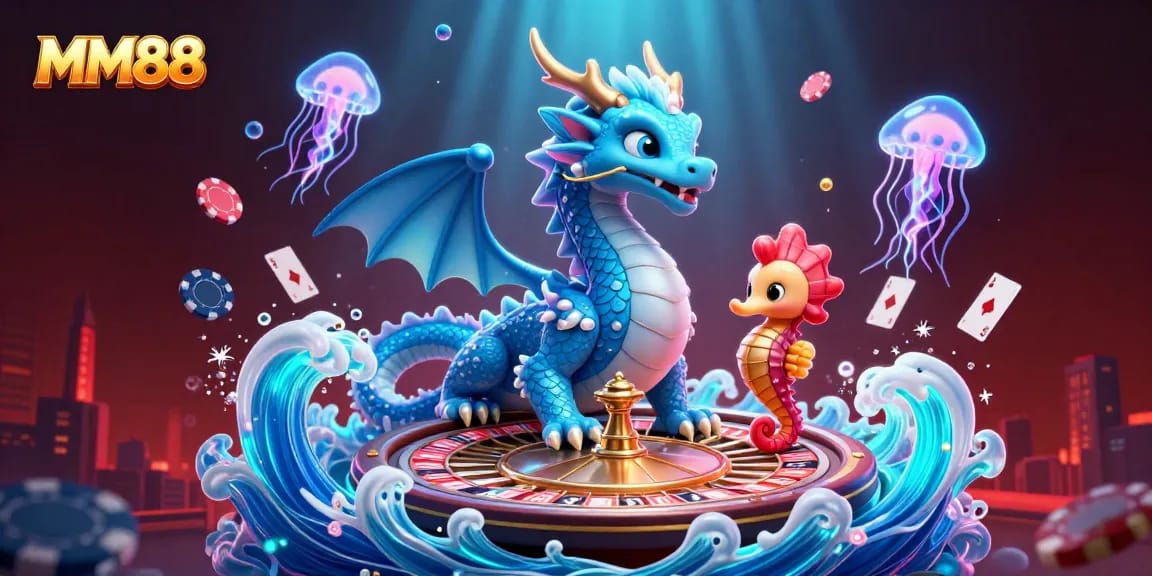 MM88 brings thrilling casino adventures with vibrant dragon and knight in a colorful gambling scene.