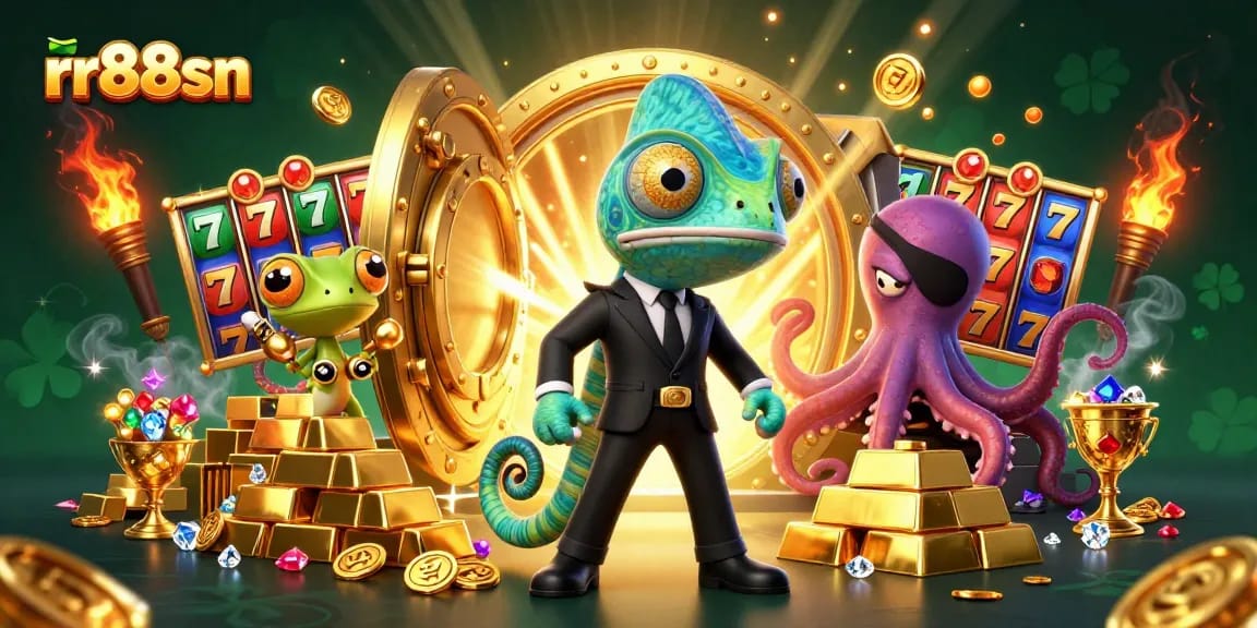 Experience thrills at rr88sn with vibrant slot machines and cartoon characters in a dynamic casino scene.