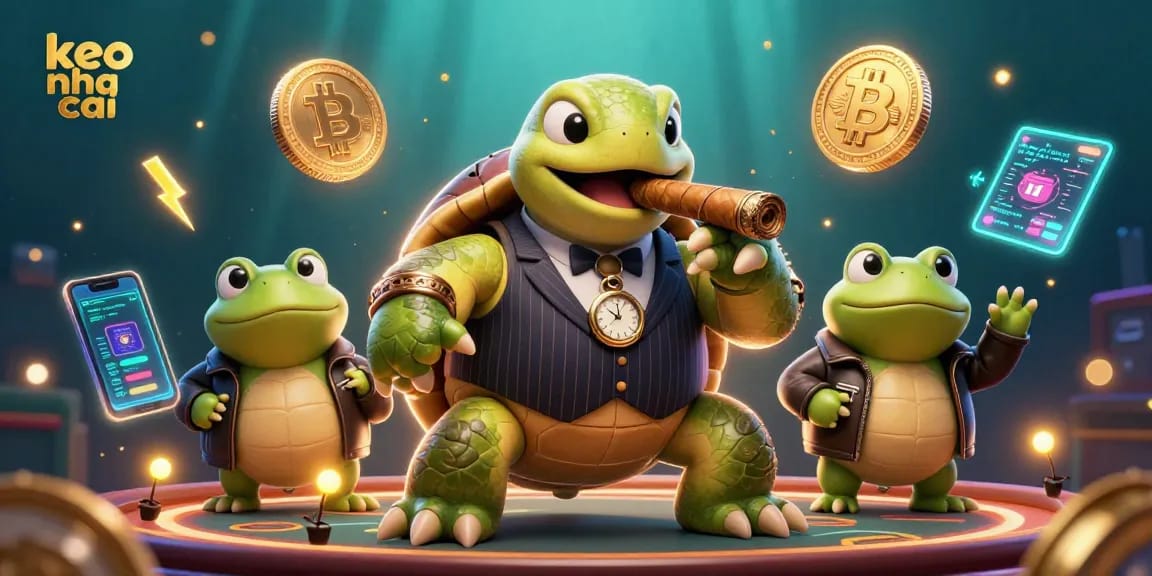 Engage with keo nha cai in a vibrant 3D scene featuring a turtle mobster and bullfrog enforcers.