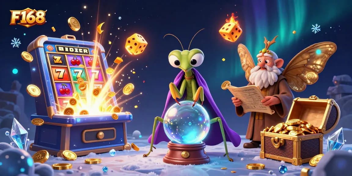 Win big at F168 with a mystical fortune teller and vibrant slot machine explosion.