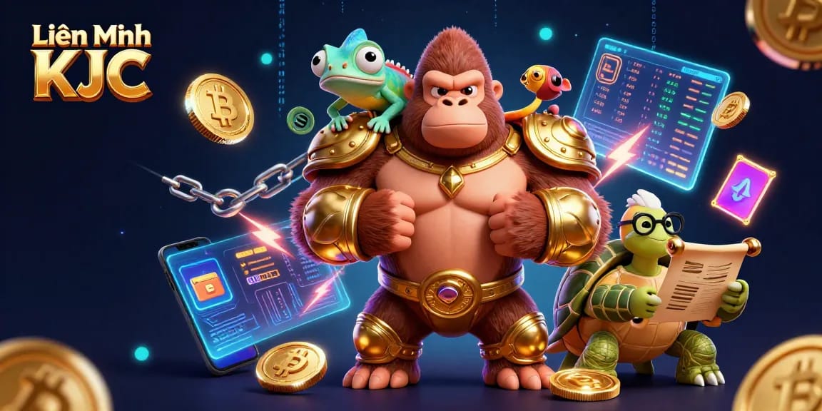 Experience the excitement at Liên Minh KJC with a captivating game-winning scene featuring dynamic 3D characters and vibrant casino elements.