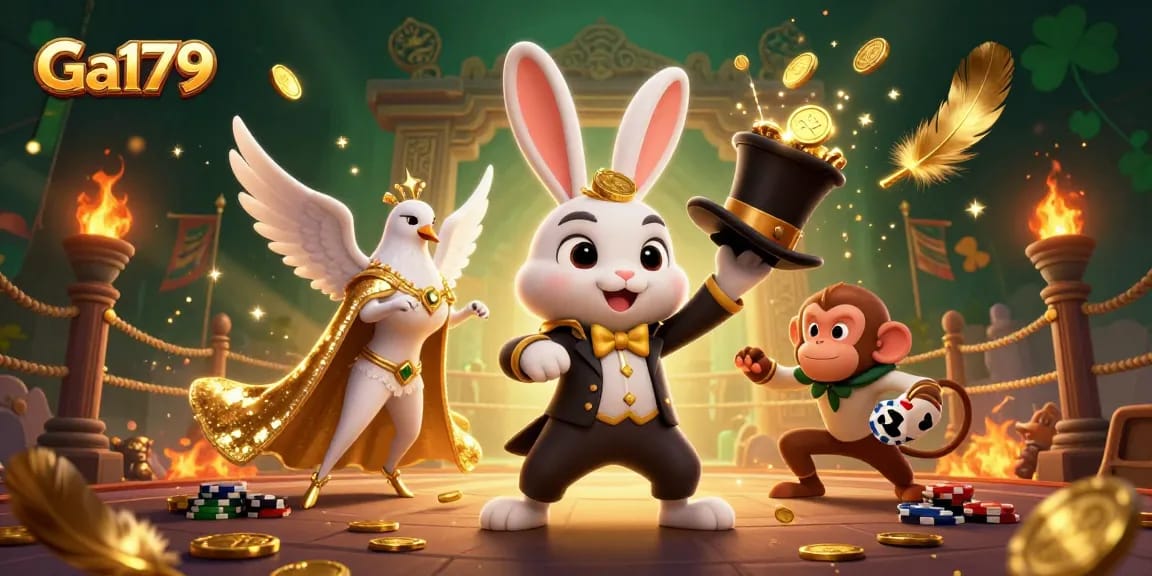 Experience the thrilling action of Ga179 as a magician rabbit conjures golden coins amidst a vibrant gambling scene.