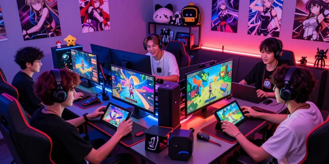 Players enjoying hentaigames on multiple devices in a vibrant gaming room atmosphere
