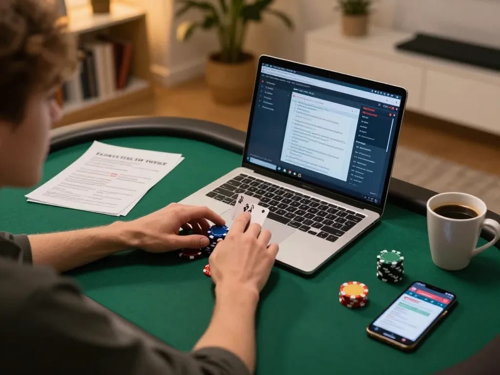 Player engaging in strategic online poker gaming on o8 platform, surrounded by betting notes and coffee.