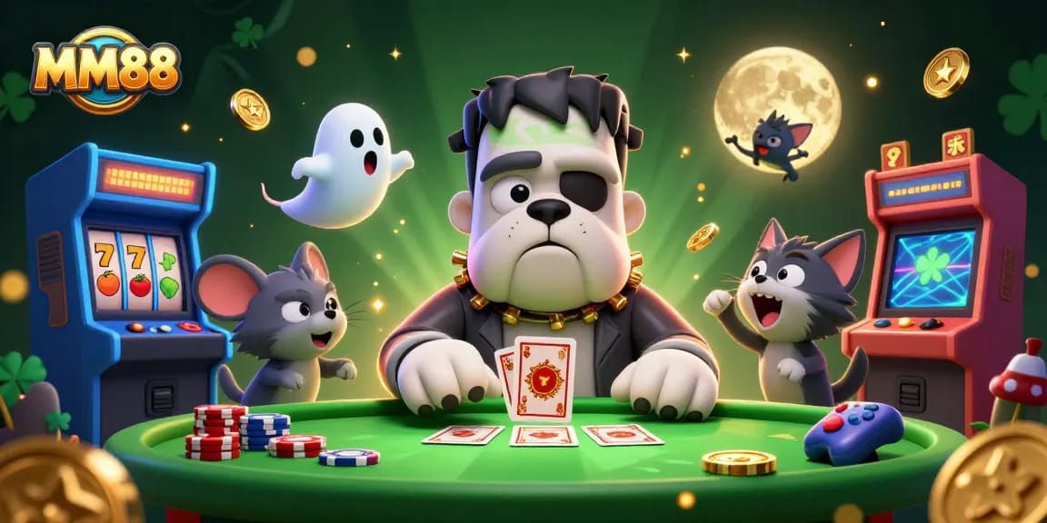 Engage in thrilling gameplay with MM88 at a vibrant spooky casino scene featuring unique characters.