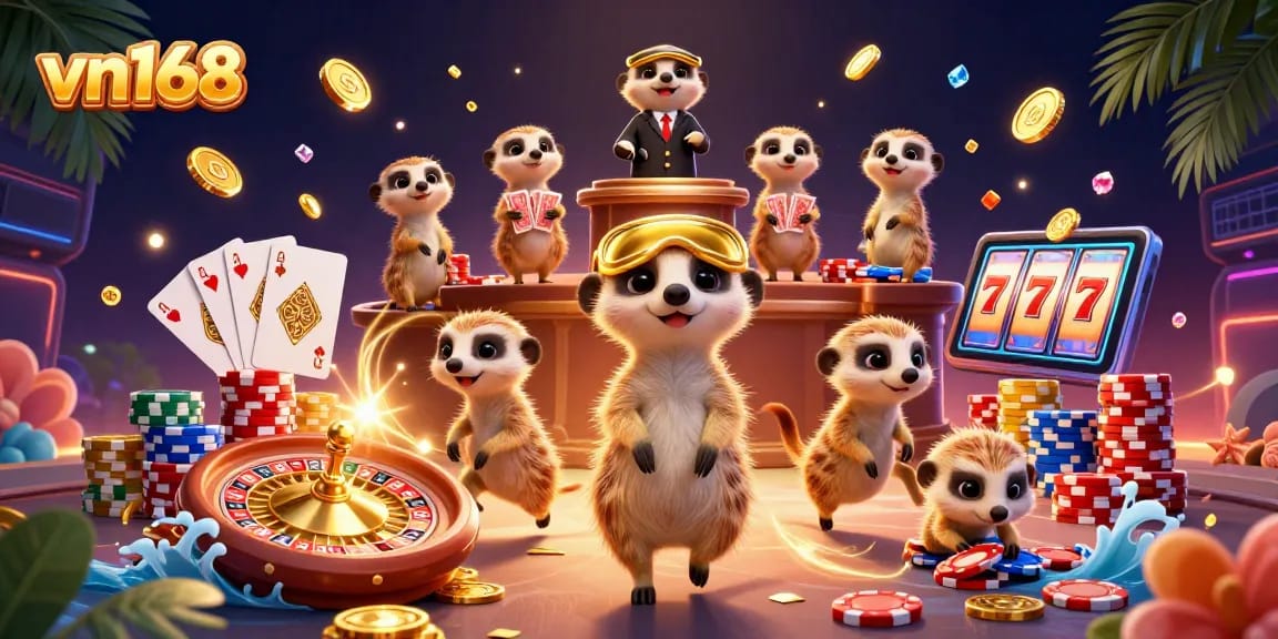 Engaging meerkats running a vibrant casino operation at vn168 featuring dynamic games and lively elements.