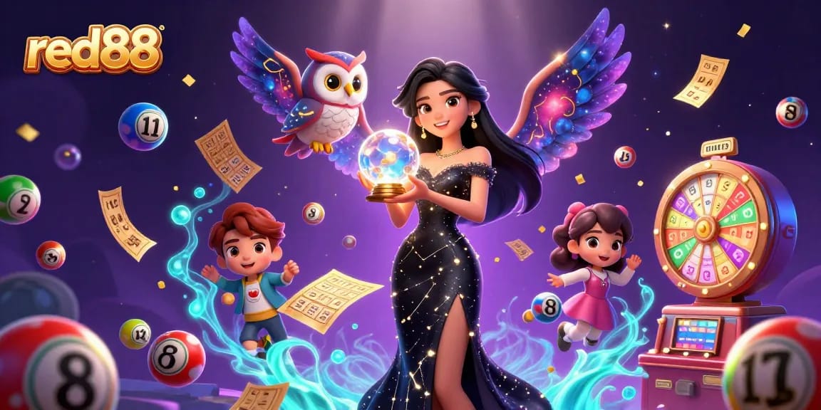 Experience thrilling gameplay at red88 with a 3D mystical casino scene featuring vibrant lottery and prize elements.