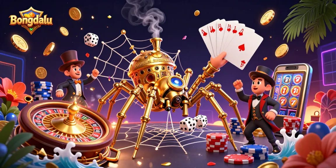 Bongdalu showcases a steampunk spider catching dice with vibrant casino elements in an exciting scene.