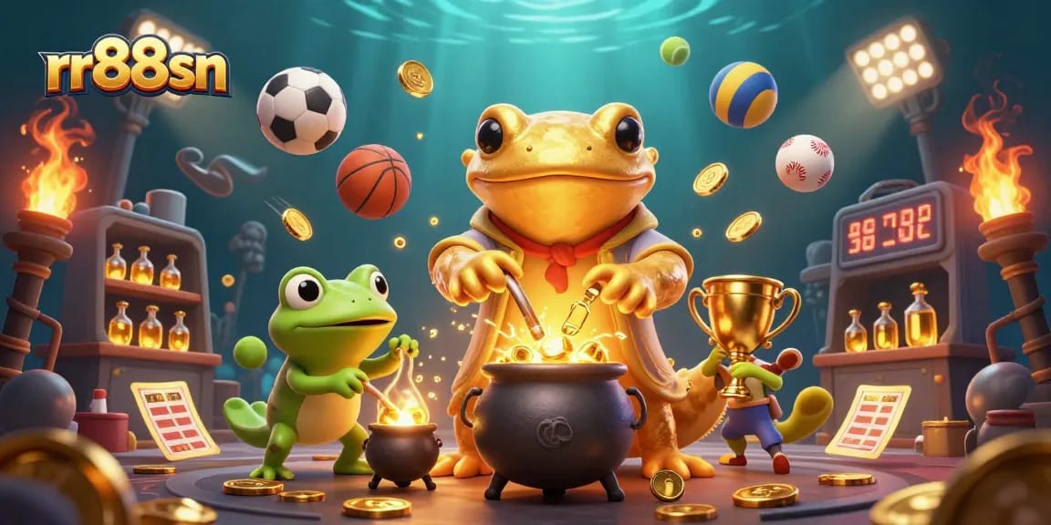 Bet on rr88sn with a vibrant scene showcasing dynamic sports elements and casino characters.