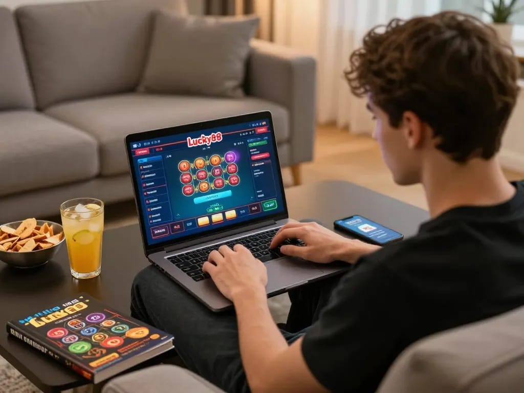 Player enjoying a thrilling session on the lucky88 online casino while seated at home on a cozy sofa.