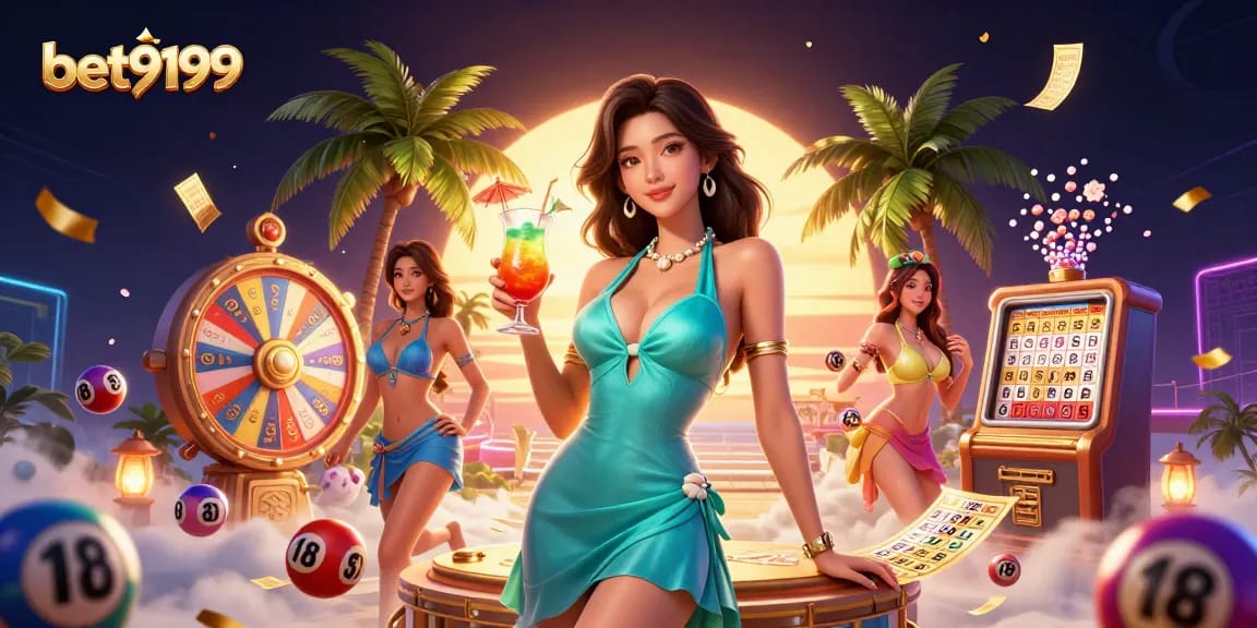 Experience thrilling gaming action at bet9199 with vibrant lottery balls and a glamorous tropical setting.