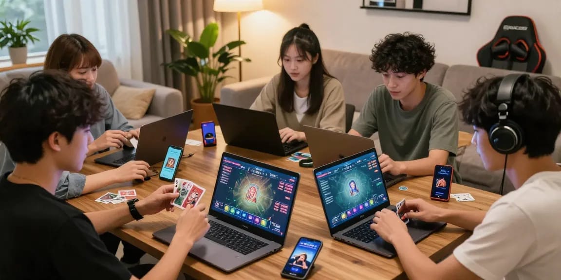 Exciting group gaming experience on devices with 68gamebai highlighted, showcasing a cozy atmosphere.