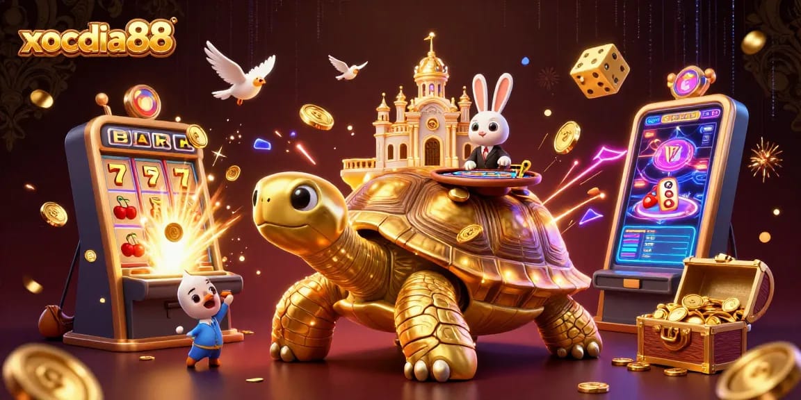xocdia88 showcases a vibrant 3D casino scene with a golden tortoise, rabbit dealer, and jackpot elements.