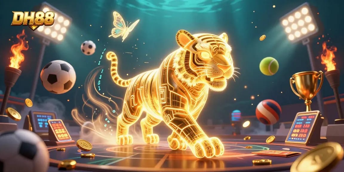 Experience the thrill of DH88 in a vibrant digital casino scene featuring golden tiger and sports elements.