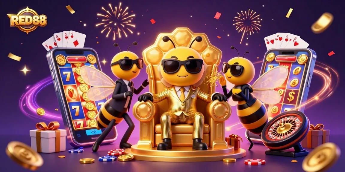 Witness RED88's exciting slot experience with vibrant characters and golden coins in a magical throne room.