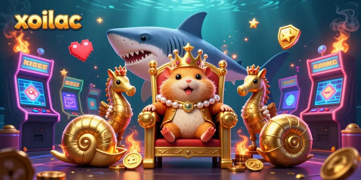 Experience thrilling gameplay with xoilac and a playful golden hamster king surrounded by vibrant casino elements.