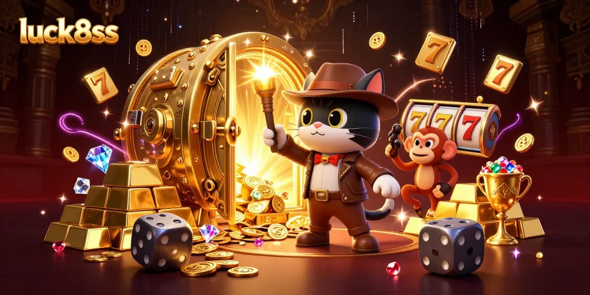Luck8ss showcases an adventurous scene of a cat archaeologist discovering treasures in a rich casino setting.