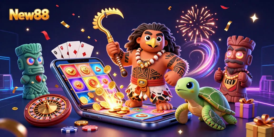 Play slots with New88's vibrant gaming scene featuring a demigod and festive elements.