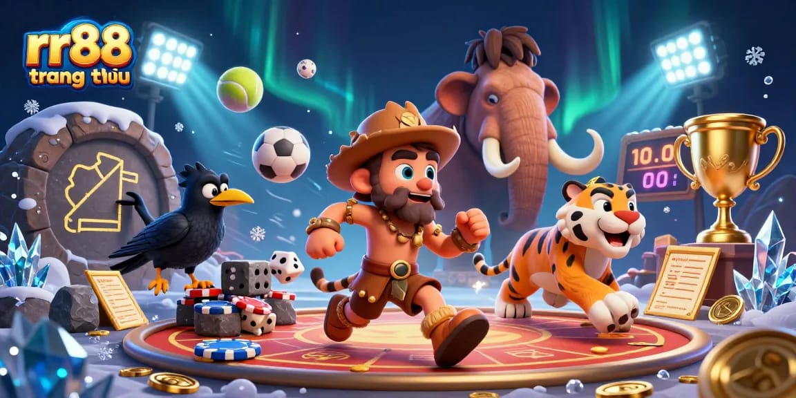 Experience the excitement of rr88 trang chủ with a lively prehistoric casino scene filled with engaging game elements.