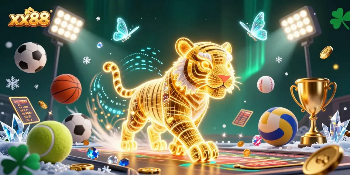 Bet on exciting games at xx88, featuring a vibrant casino scene with a golden tiger and dynamic sports themes.