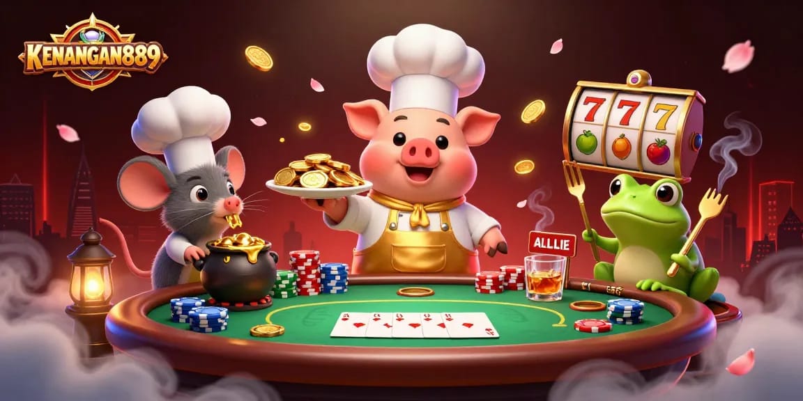 Experience thrilling victories with KENANGAN889's dynamic slot game scene featuring gold coins and lively characters.