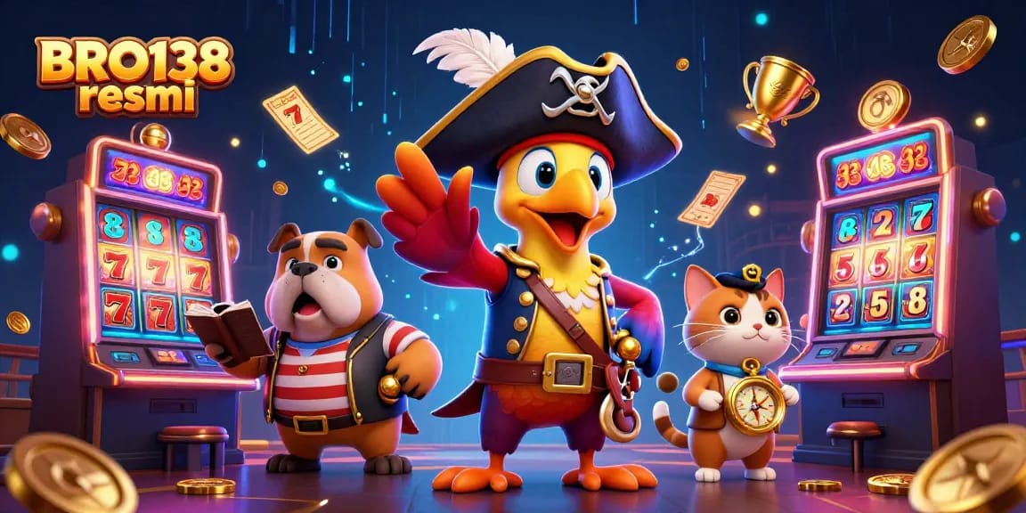 Experience the excitement of BRO138 resmi with vibrant slot machines and characters in action.