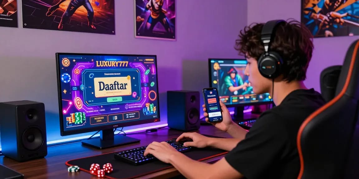 Pengguna yang antusias terhubung dengan LUXURY777 Daftar di laptop dalam suasana permainan online yang ceria dan modern.