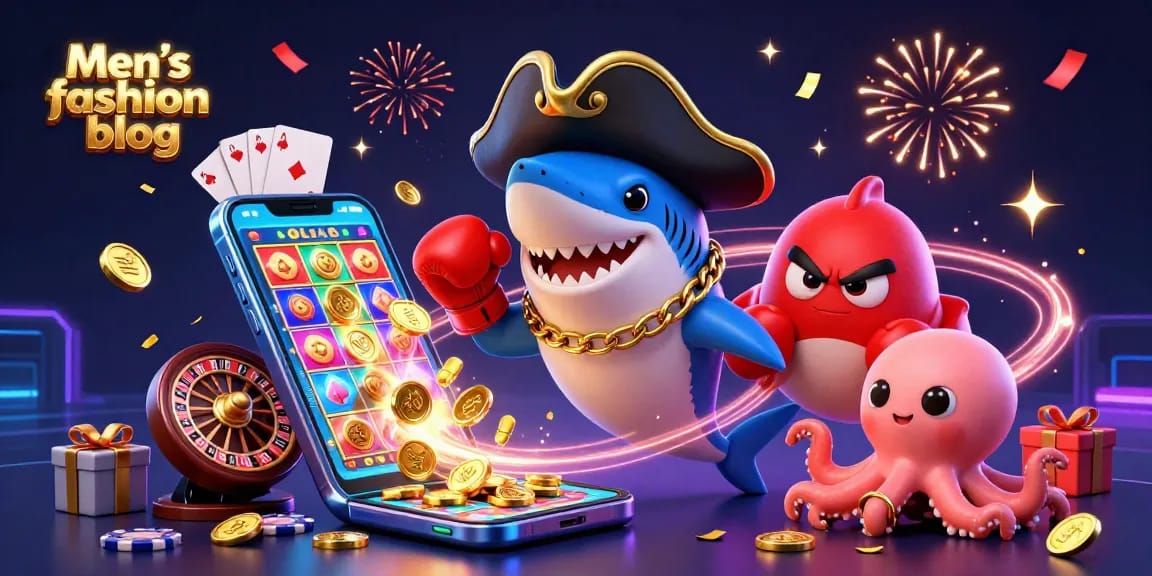 Spin the reels and win big with "Men’s fashion blog" featuring a stylish pirate shark illustration.