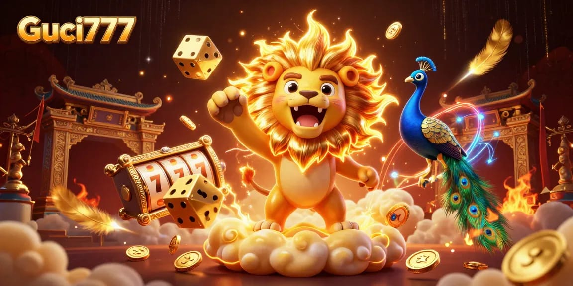 Guci777 menampilkan raja singa bersinar di kasino dengan slot dan uang koin yang berkilau.
