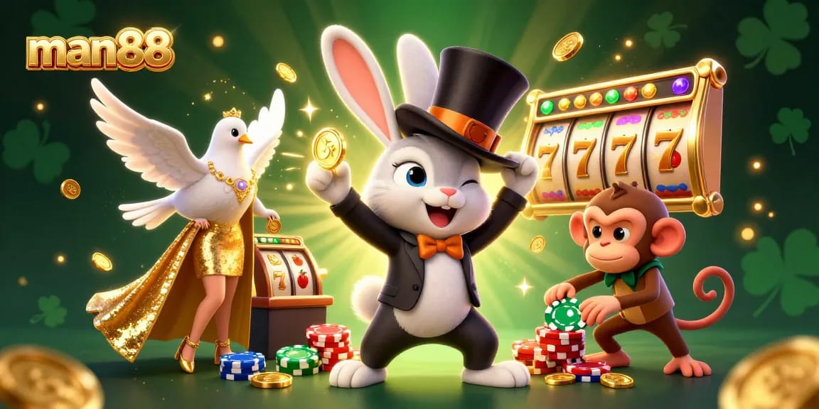 Experience thrilling gameplay with man88 as a magician rabbit conjures coins in a vibrant casino setting.