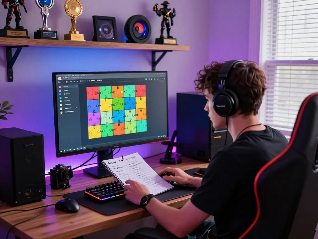Engaged gamer solving puzzles for more hints in a vibrant gaming setup.