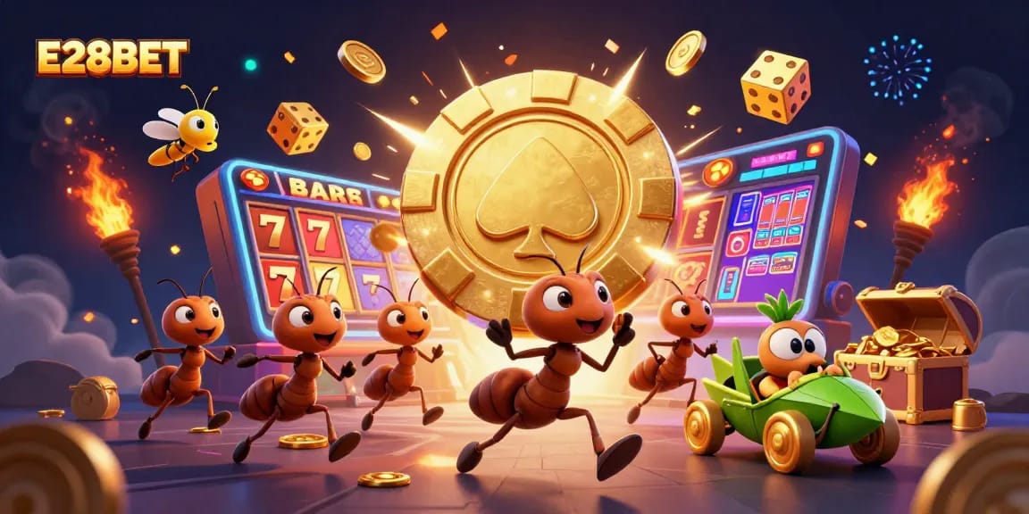 Join the E28BET heist with ants and golden poker chips amidst a vibrant slot machine explosion.
