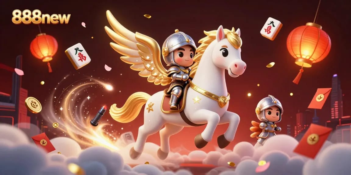 Experience thrilling gameplay with 888new, showcasing a vibrant 3D illustration of a celestial horse and knight in a dynamic casino scene.