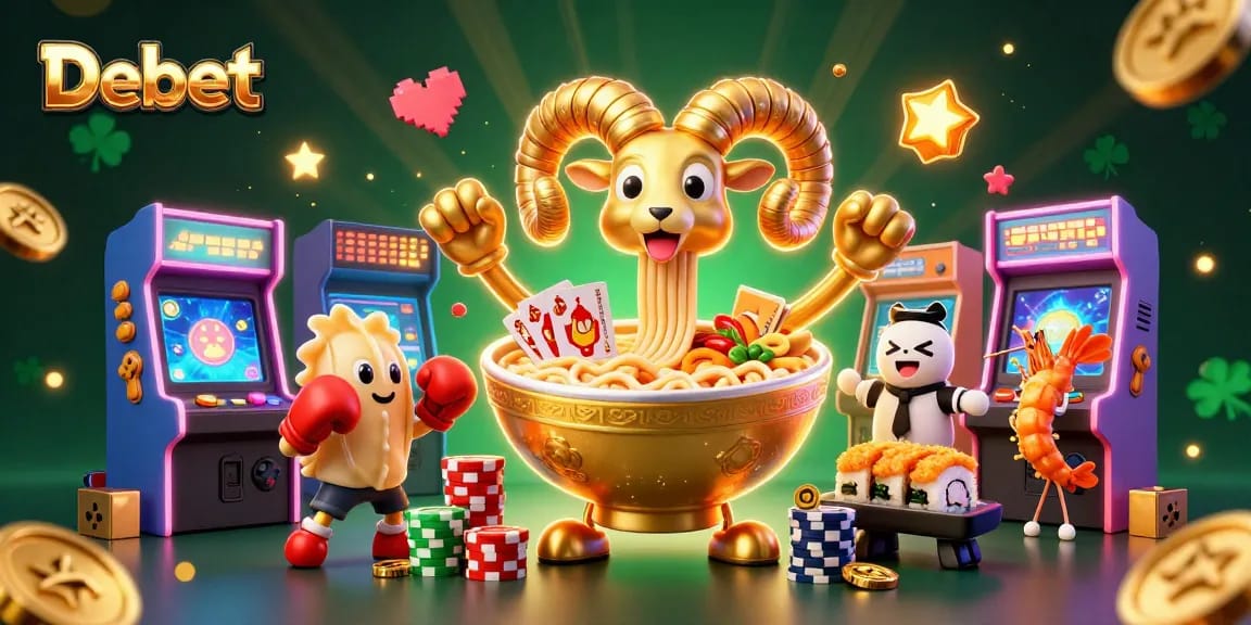 Engage in thrilling gameplay with Debet's vibrant casino scene featuring a giant ramen bowl and animated characters.