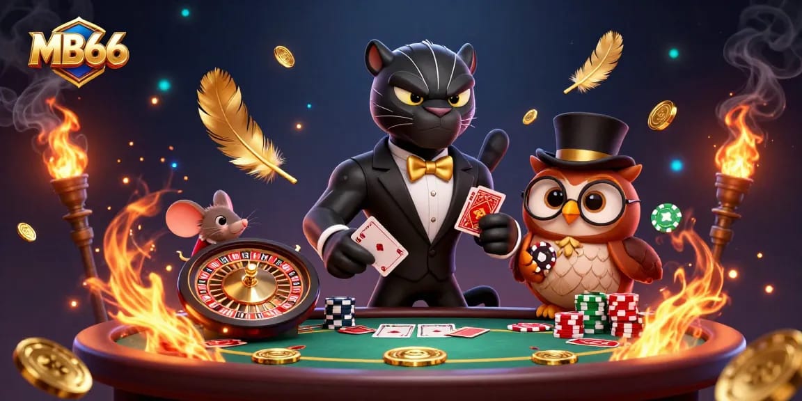 Experience thrilling gaming action at MB66 featuring a stylish panther dealer and mascots in a lively casino scene.