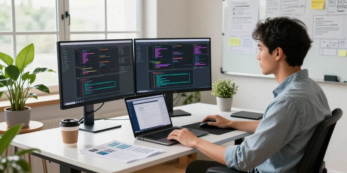 Developer at modern workspace with coding screens, representing teiegramin.com technology.