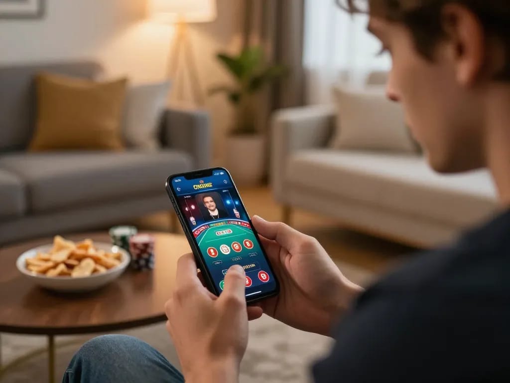 Player examining winning strategies on 58win mobile app in cozy home setup, showcasing engaging online casino gameplay