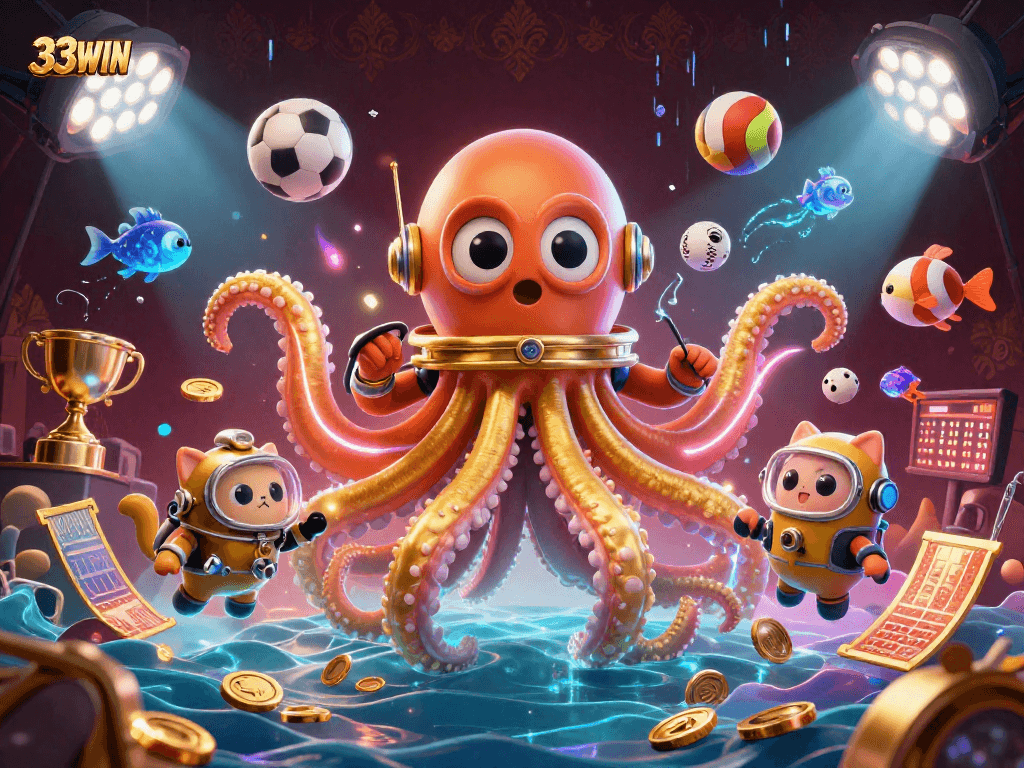 Engage with 33WIN, an immersive gambling scene featuring a cartoon kraken, diving cat, and vibrant sports elements.