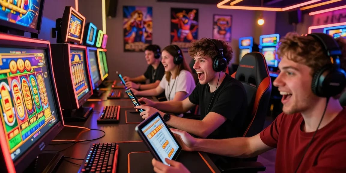 Players enjoying koitoto slot games on multiple devices in a lively gaming studio