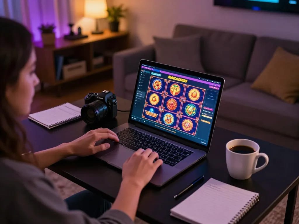 NAGA2000 user engaging in online slot gameplay at home, showcasing vibrant screen and cozy atmosphere