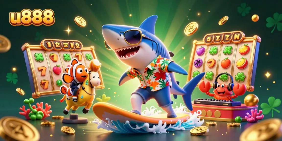 Engage with thrilling slots at u888 as a shark surfs golden coins amidst vibrant casino elements.