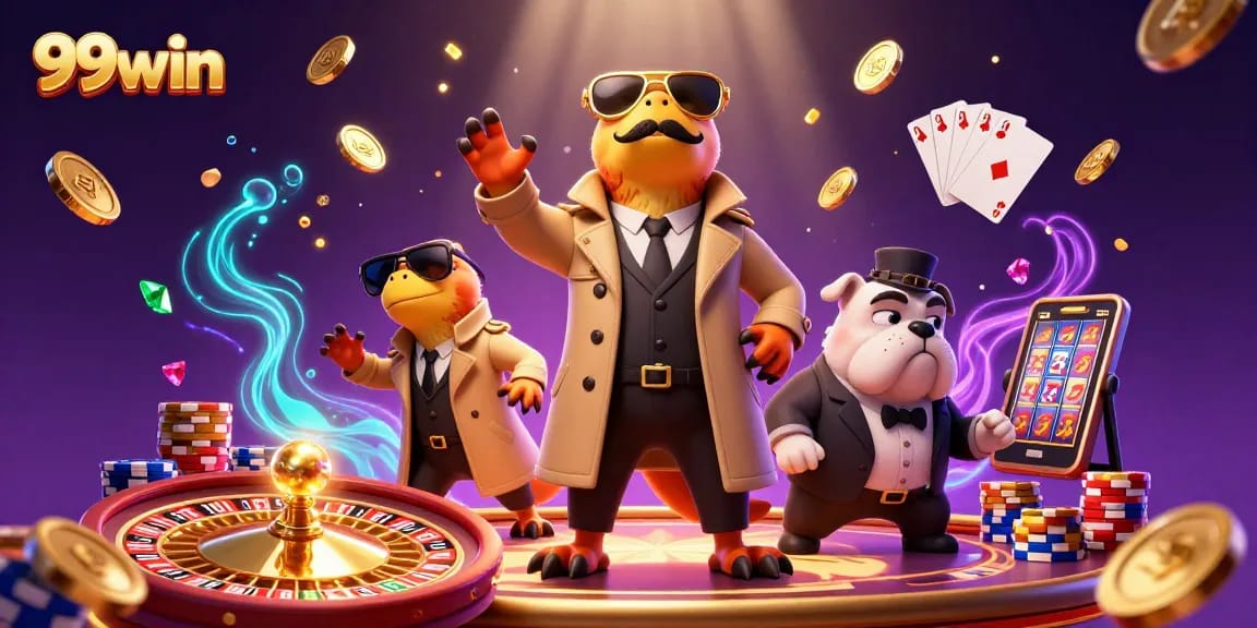 Experience 99win with animated raptors entering a VIP casino lounge during a gaming extravaganza.