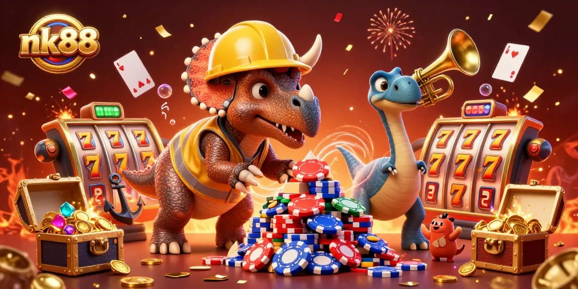nk88 celebrates with vibrant 3D characters building poker chip pyramids, showcasing online casino excitement.