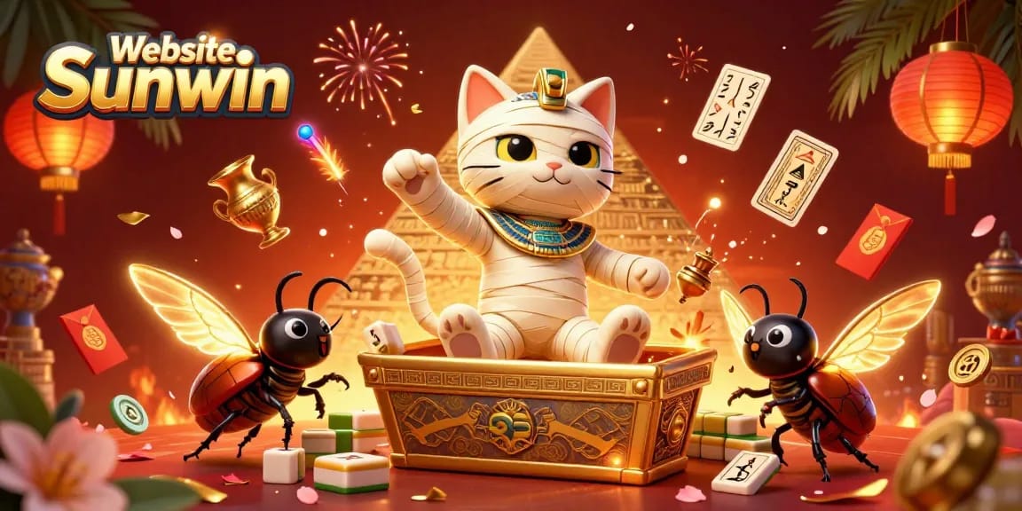 Catch vibrant gaming excitement at Website Sunwin, featuring a mummy cat and scarab beetle in a lively casino scene.
