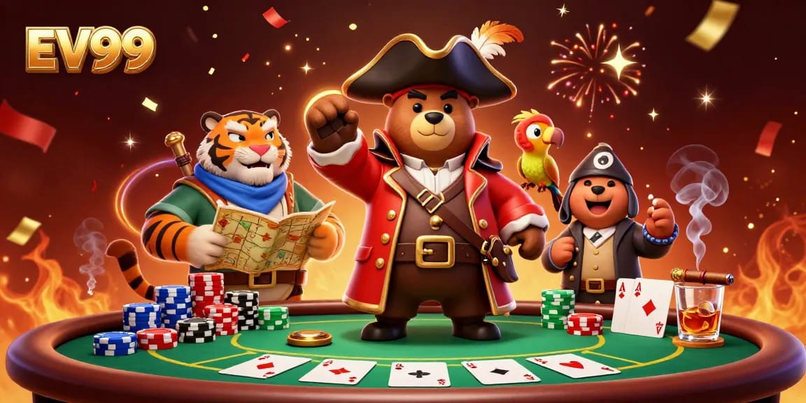 Engage in thrilling poker action with EV99, featuring a pirate bear, tiger, and vibrant casino elements.