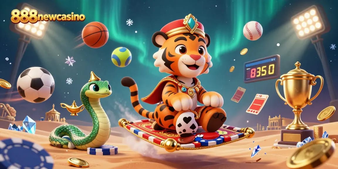 Experience the excitement at 888newcasino with dynamic sports betting elements and a vibrant illustration.