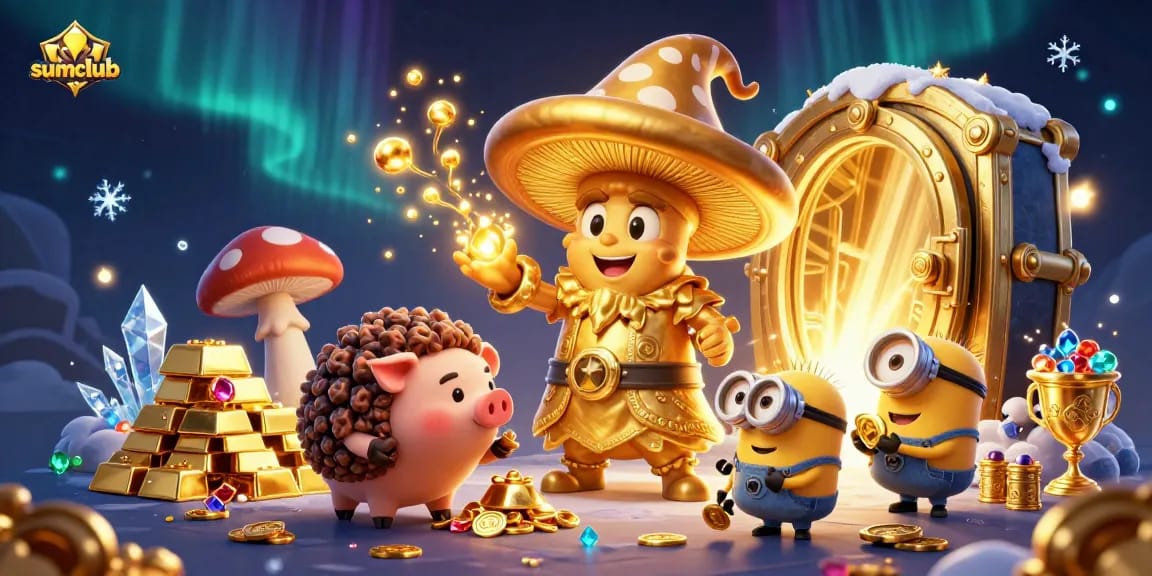 Join the fun at sumclub with golden treasures and vibrant characters in this immersive casino scene.