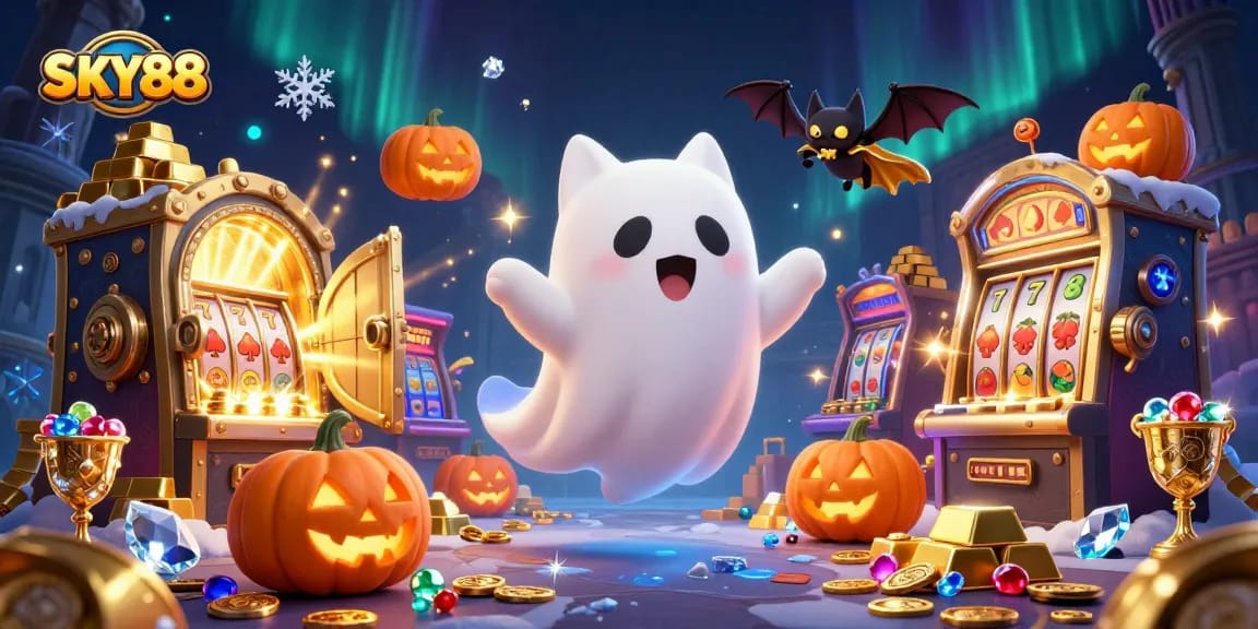 Sky88 captures the magic of haunted slots, featuring a playful ghost cat and treasure-filled atmosphere.