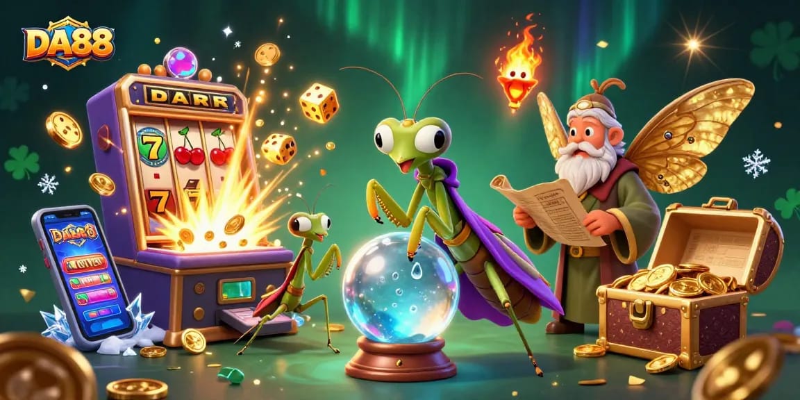 DA88 engages players with vibrant 3D slot machine jackpot scene featuring mystical characters.